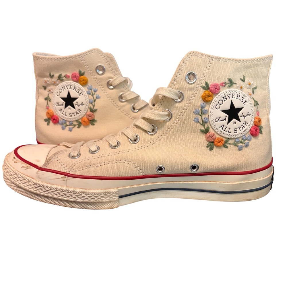 Converse High Top Sneakers Cream Canvas with Multicolor Floral Embroidery - Picture 4 of 8